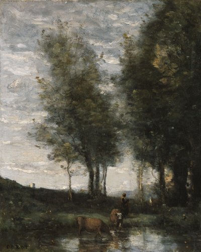 The Pond, Cowherd by Jean Baptiste Camille Corot